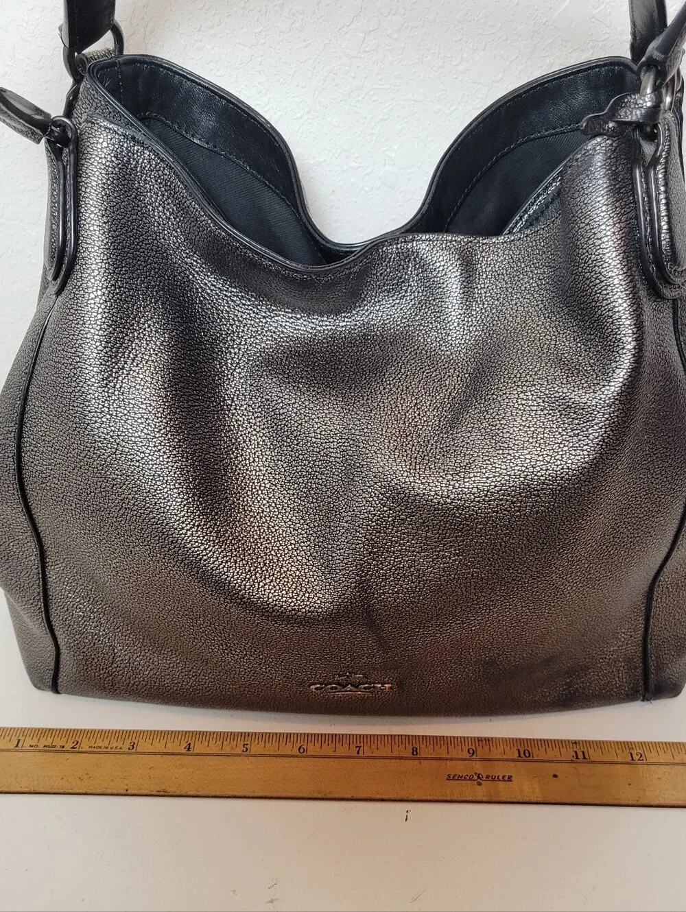 Coach Gunmetal Pebbled Shoulder Bag Silver Hardware Zip Magnetic Logo Charm